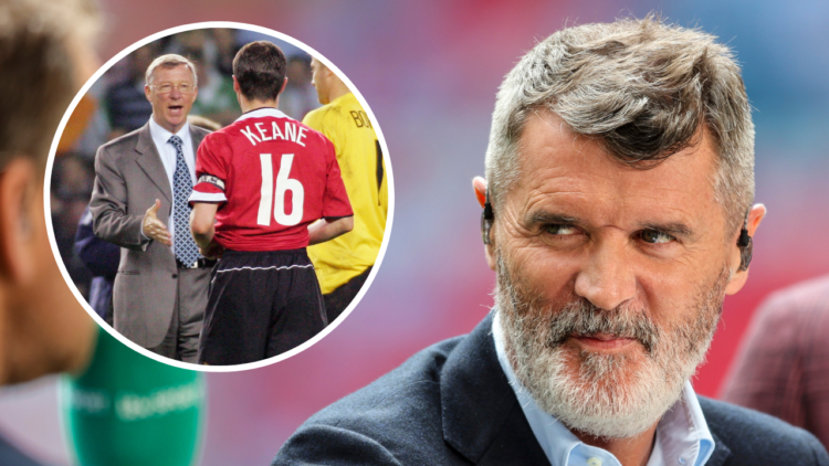 Ex-Manchester United skipper Roy Keane is seen presenting for ITV during the Emirates FA Cup final match between Manchester City and Manchester Uni...