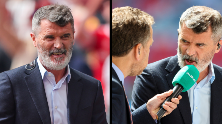 Ex-Manchester United skipper Roy Keane is seen presenting for ITV with presenter Mark Pougatch during the Emirates FA Cup final match between Manch...