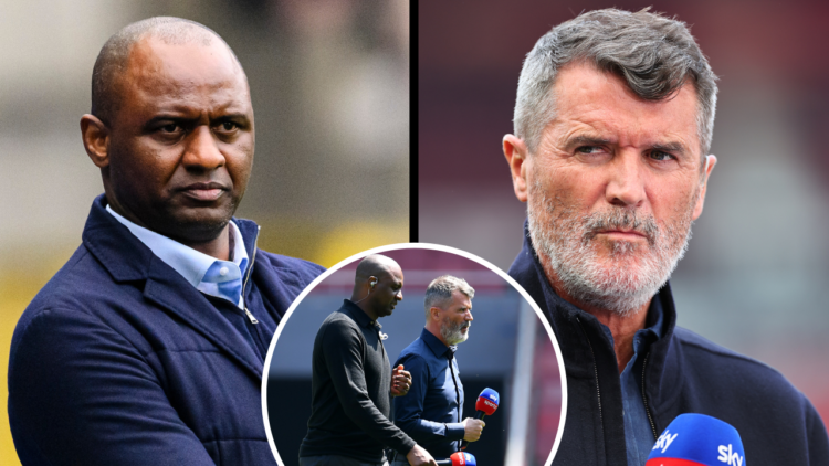 Roy Keane working as a pundit for Sky Sports ahead of the Premier League match between Manchester United and Arsenal at Old Trafford on May 12, 202...