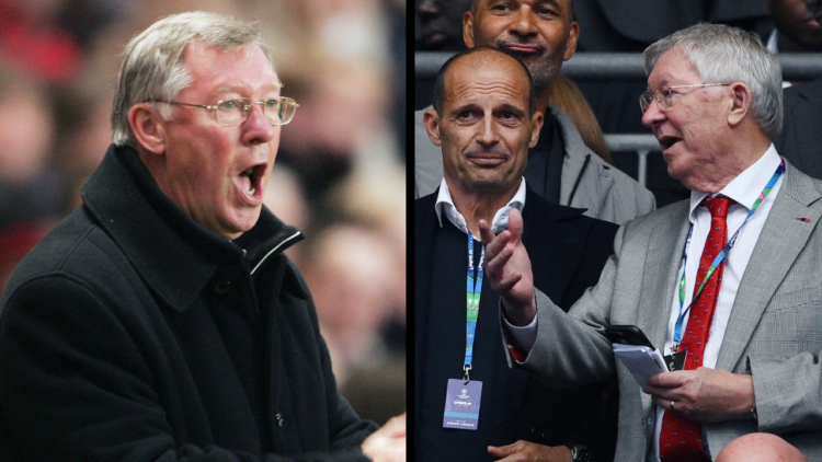 Massimiliano Allegri and Sir Alex Ferguson in the stands before the UEFA Champions League 2023/24 final match between Borussia Dortmund v Real Madr...