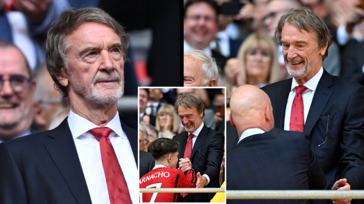 British Ineos chairman and minority owner of Manchester United Sir Jim Ratcliffe reacts during the English FA Cup final football match between Manc...