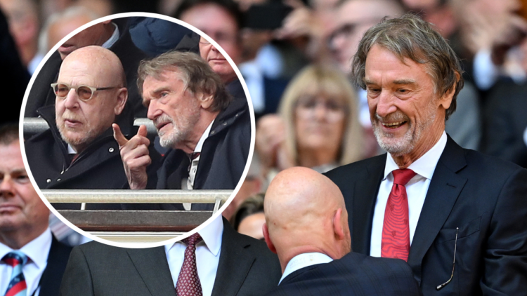 Sir Jim Ratcliffe, minority owner of Manchester United, shakes hands with Erik ten Hag, manager of Manchester United, during the Emirates FA Cup fi...