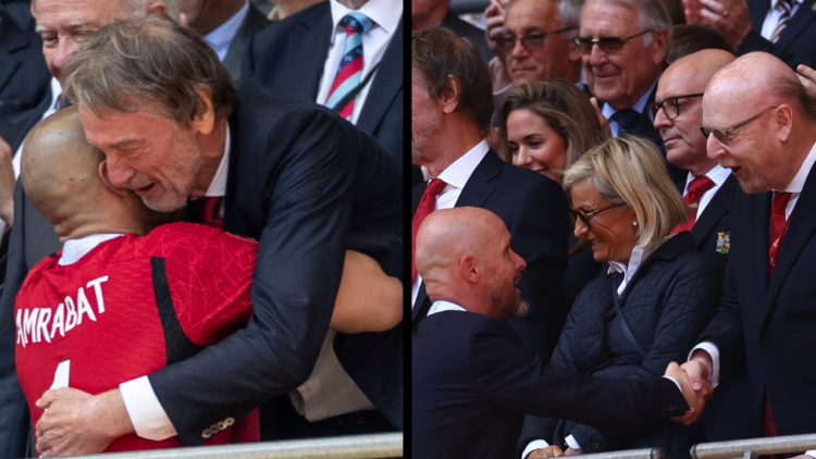 Sir Jim Ratcliffe is celebrating and congratulating Sofyan Amrabat of Manchester United during the FA Cup final between Manchester City and Manches...