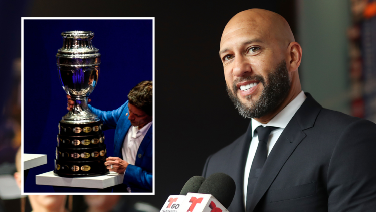 FRISCO, TEXAS - MAY 4: Tim Howard speaks with the media during the red carpet prior to the 2024 National Soccer Hall of Fame Induction Ceremony at ...
