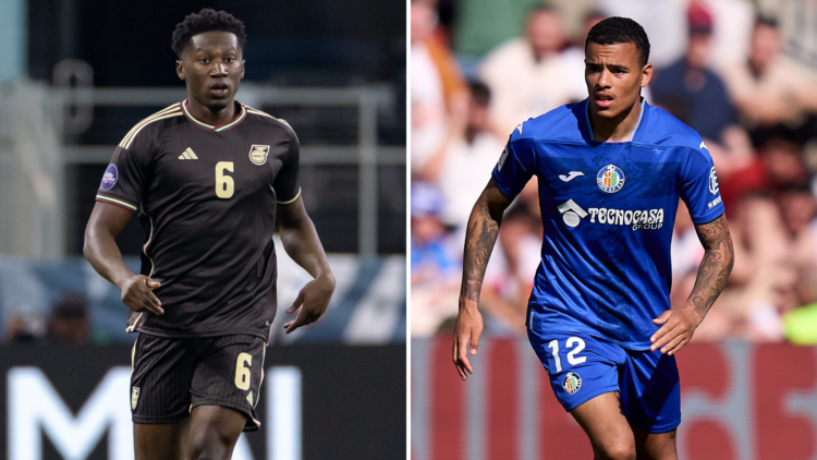 Split image, left: Dishon Bernard in action for Jamaica, right; Mason Greenwood playing for Getafe