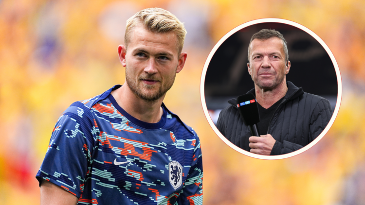 Matthijs de Ligt wears Netherlands training top. Inset, Lothar Matthaus headshot