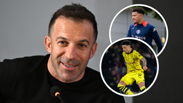 Alessandro Del Piero headshot 2024. Inset, Jadon Sancho in action for Dortmund, second inset, Sancho trains with Manchester United
