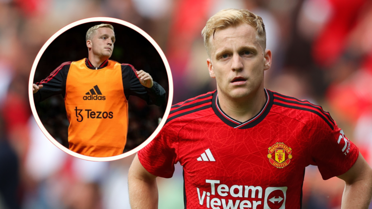 Donny van de Beek during 2023 pre-season, inset, Van de Beek wearing substitutes bib