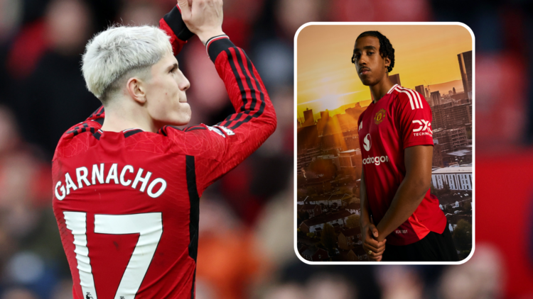 Alejandro Garnacho applauds, inset, Leny Yoro presented as Manchester United player