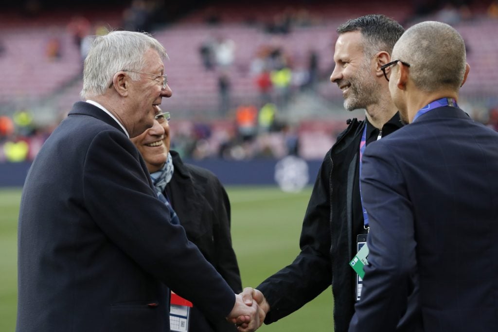 (L-R) Sir Alex Ferguson, Ryan Giggs, Henrik Larsson during the UEFA Champions League quarter final match between FC Barcelona and Manchester United...