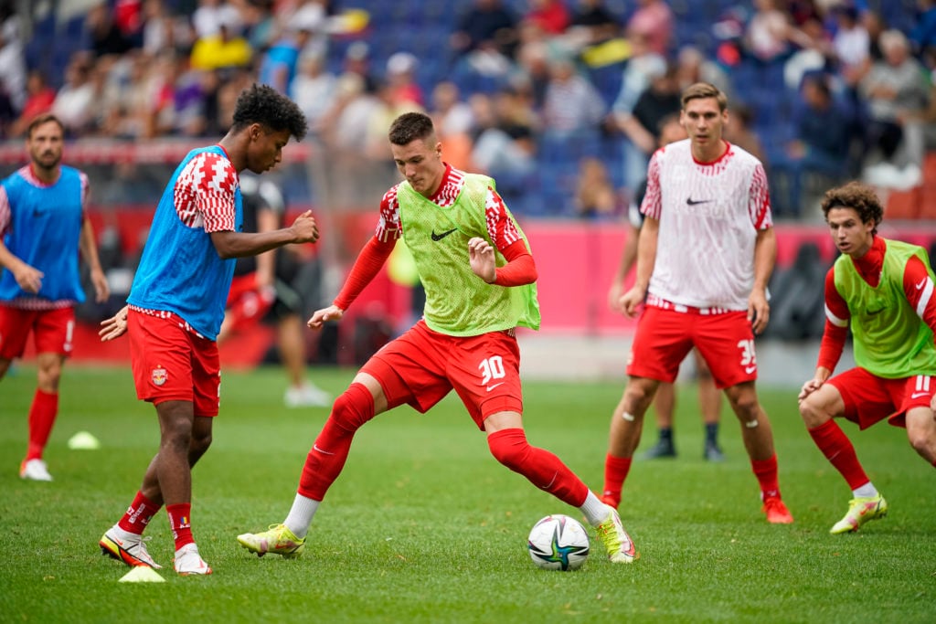 Karim Adeyemi and Benjamin Sesko of FC Red Bull Salzburg in action during the warmup session prior to the Admiral Bundesliga match between FC Red B...