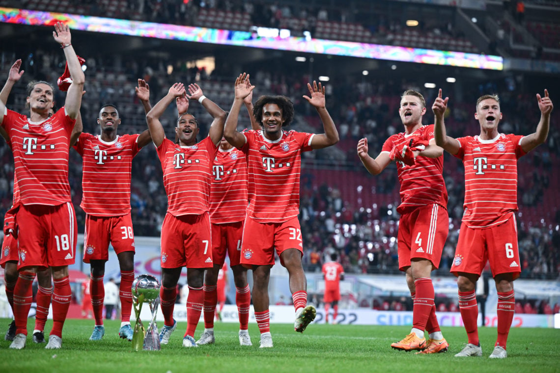 Marcel Sabitzer, Ryan Gravenberch, Serge Gnabry, Joshua Zirkzee, Matthijs de Ligt and Joshua Kimmich (L-R) of Bayern celebrate with the trophy afte...