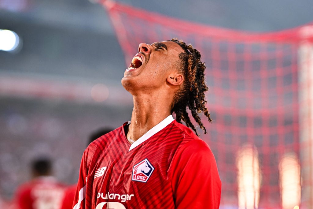 Leny YORO of Lille celebrates his goal during the Europa Conference League play-off soccer match between Lille and HNK Rijeka at Stade Pierre Mauro...