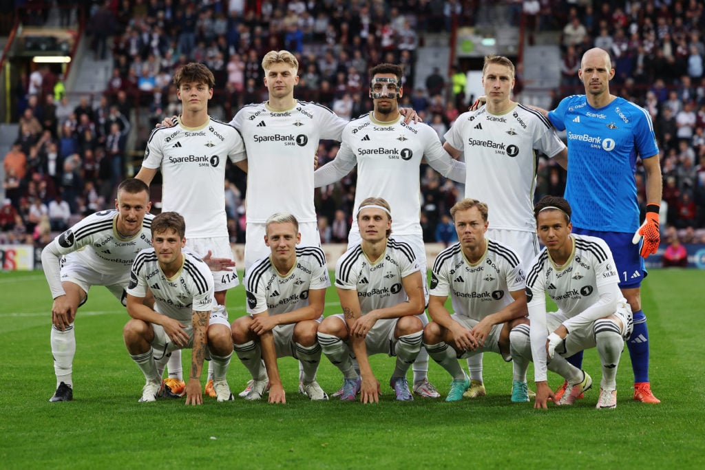 The players of Rosenborg  pose for a team photo prior to kick off ahead of the UEFA Conference League Third Qualifying Round Second Leg between Hea...