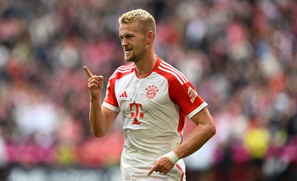 Bayern Munich's Dutch defender #04 Matthijs de Ligt celebrates after scoring the 3-0 goal during the German first division Bundesliga football matc...