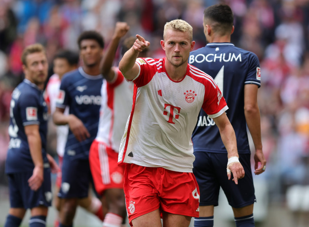 Matthijs de Ligt of FC Bayern Muenchen celebrates after scoring his team's third goal during the Bundesliga match between FC Bayern München and VfL...