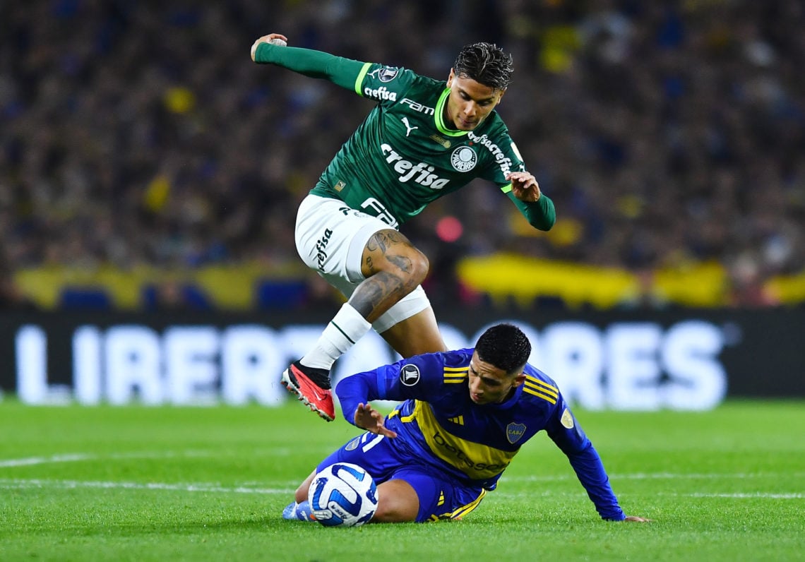 Richard Rios of Palmeiras and Ezequiel Fernández of Boca Juniors compete for the ball during the Copa CONMEBOL Libertadores 2023 semi-final first l...