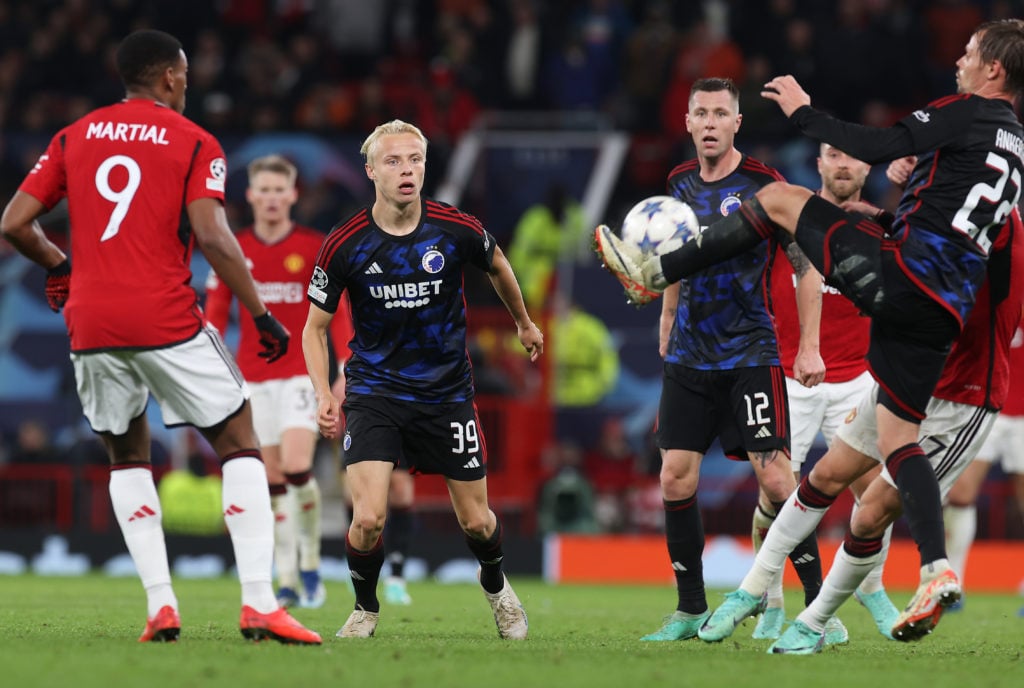 Oscar Hojlund of FC Copenhagen in action during the UEFA Champions League match between Manchester United and F.C. Copenhagen at Old Trafford on Oc...