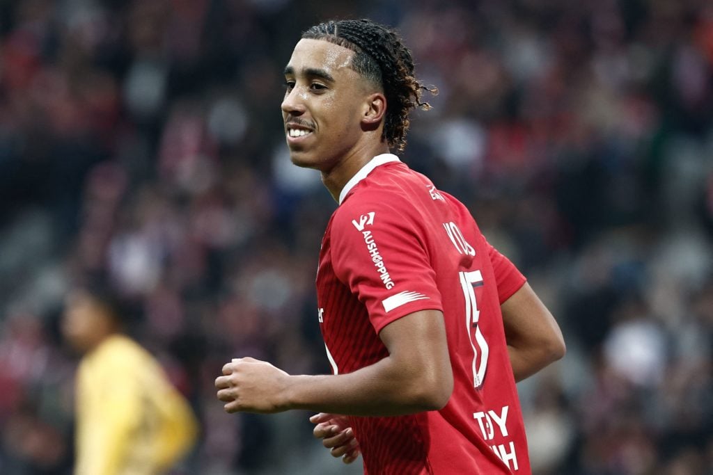 Lille's French defender #15 Leny Yoro celebrates after scoring his team's first goal during the French L1 football match between Lille OSC (LOSC) a...