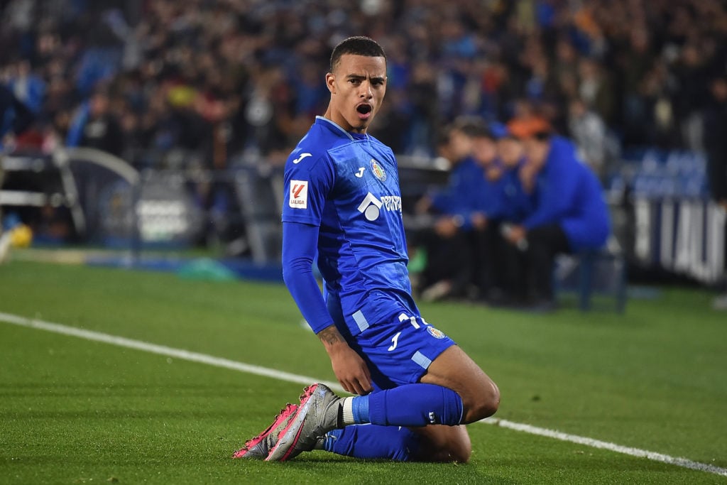 Mason Greenwood of Getafe CF celebrates after scoring the team's first goal during the LaLiga EA Sports match between Getafe CF and UD Almeria at C...