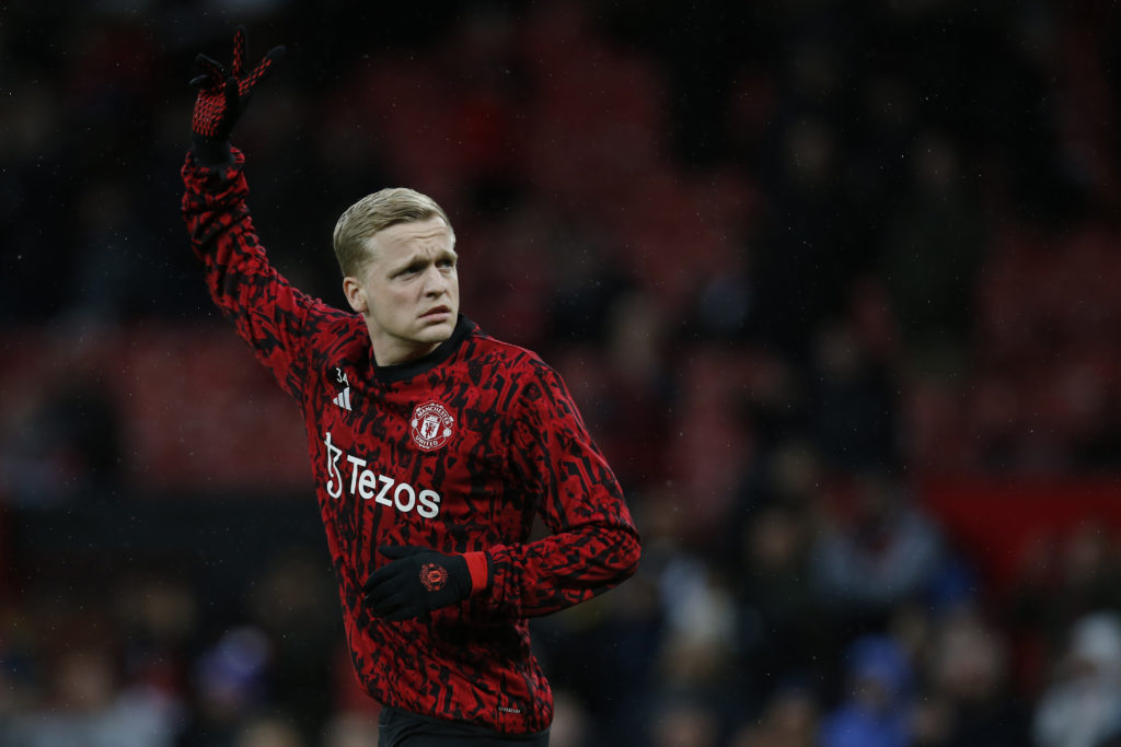 Donny van de Beek of Manchester United warms up prior to the Premier League match between Manchester United and AFC Bournemouth at Old Trafford on ...