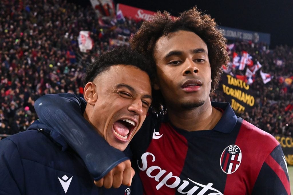 Dan Ndoye and Joshua Zirkzee of Bologna FC celebrate during the Serie A TIM match between Bologna FC and Hellas Verona FC - Serie A TIM at Stadio...