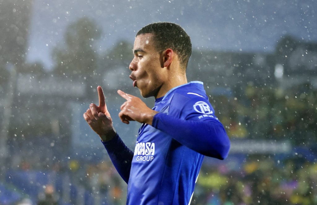 Mason Greenwood of Getafe CF celebrates scoring his team's second goal  during the LaLiga EA Sports match between Getafe CF and UD Las Palmas at Co...