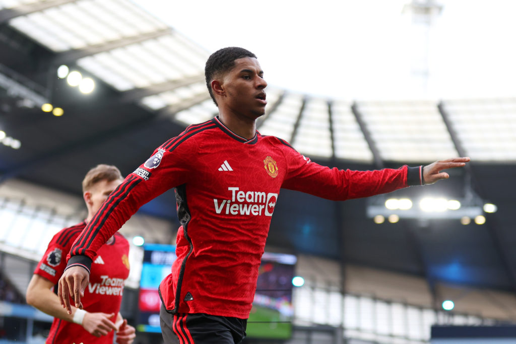 Manchester United's Marcus Rashford celebrates scoring his team's first goal during the Premier League match between Manchester City and Manchester...