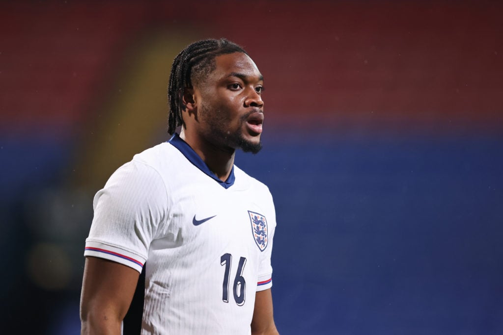 Teden Mengi of England looks on during the UEFA U21 Euro 2025 Qualifier between England and Luxembourg at Toughsheet Community Stadium on March 26,...