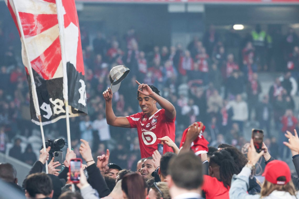 Leny Yoro #15 of Lille OSC celebrates with the fans the victory of the Ligue 1 Uber Eats match between Lille OSC and RC Lens at Stade Pierre Mauroy...