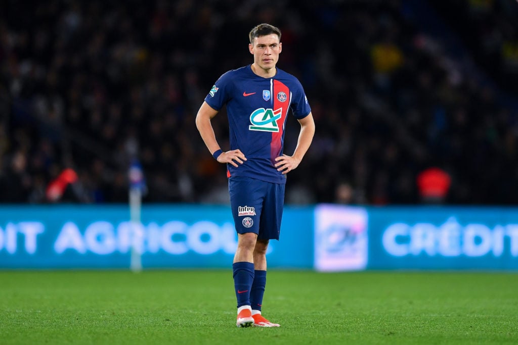 Manuel Ugarte of PSG looks on during the French Cup (Coupe de France) Semi Final match between Paris Saint-Germain and Stade Rennais FC at Parc des...