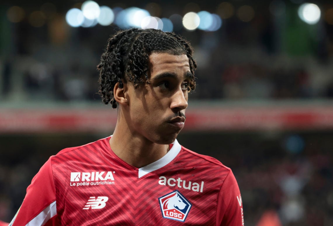 Leny Yoro of Lille looks on during the Ligue 1 Uber Eats match between Lille OSC (LOSC) and Olympique de Marseille (OM) at Stade Pierre-Mauroy, Dec...