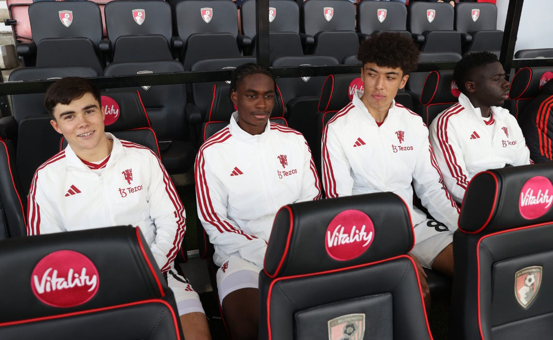 Harry Amass, Habeeb Ogunneye, Ethan Wheatley, Omari Forson of Manchester United sit on the bench ahead of the Premier League match between AFC Bour...