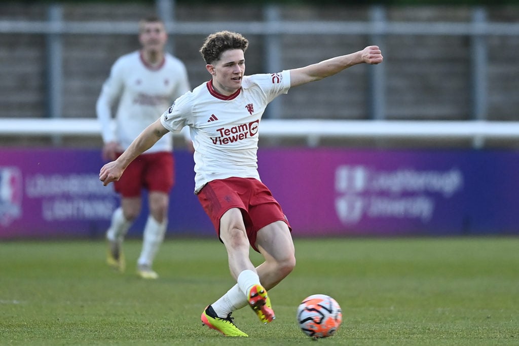 Jacob Devaney of Manchester United U21s in action during the Premier League 2 match between Nottingham Forest U21s and Manchester United U21s at Lo...