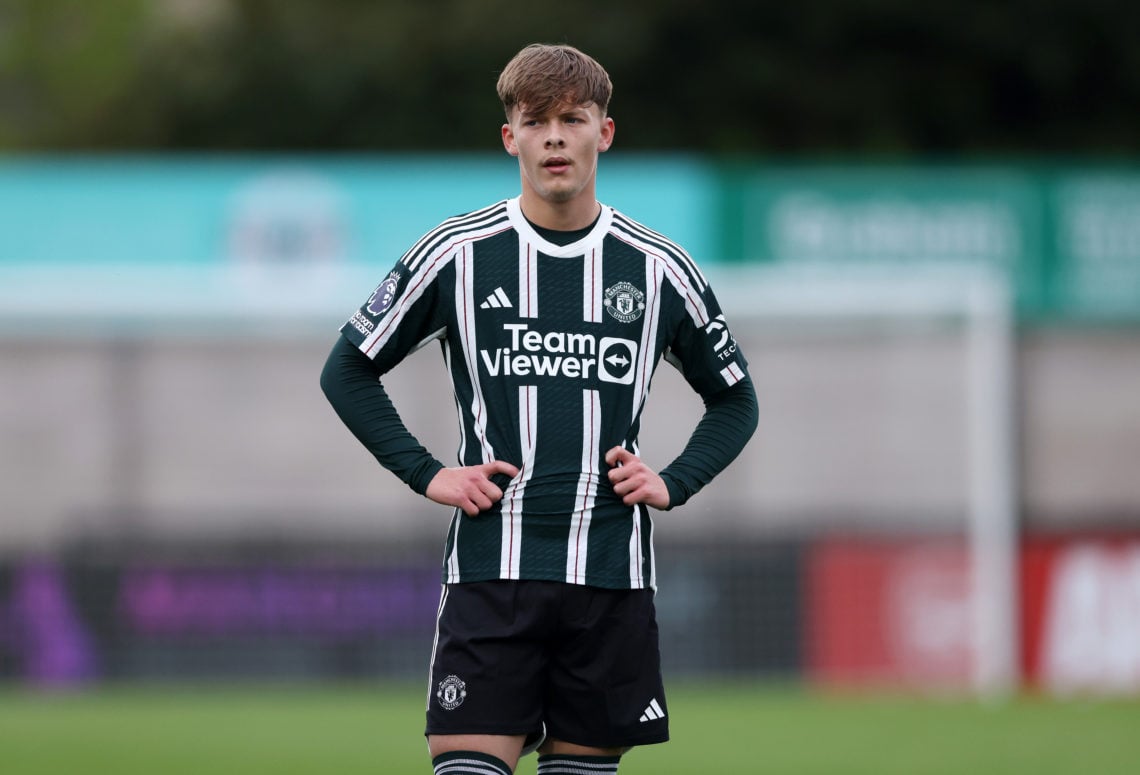 Sam Mather of Manchester United looks on  during the Premier League 2 Play off match between Arsenal U21 and Manchester United U21 at Meadow Park o...