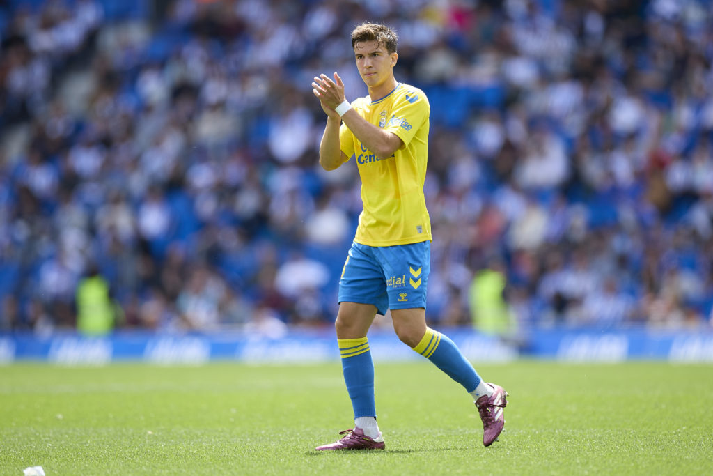 Maximo Perrone of UD Las Palmas reacts during the LaLiga EA Sports match between Real Sociedad and UD Las Palmas at Reale Arena on May 04, 2024 in ...