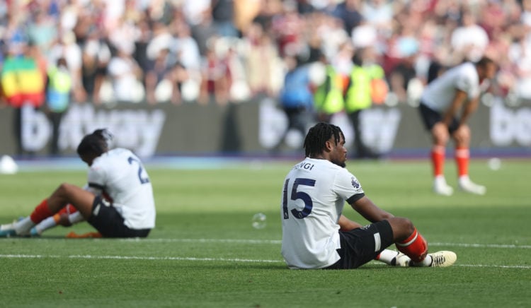 Dejection for Luton Town at the final whistle during the Premier League match between West Ham United and Luton Town at London Stadium on May 11, 2...