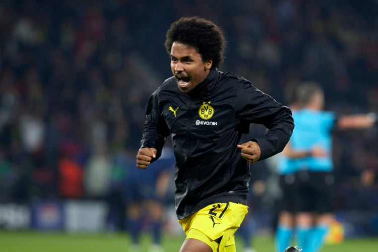 Karim Adeyemi of Borussia Dortmund celebrates victory after defeating Paris Saint-Germain during the UEFA Champions League semi-final second leg ma...