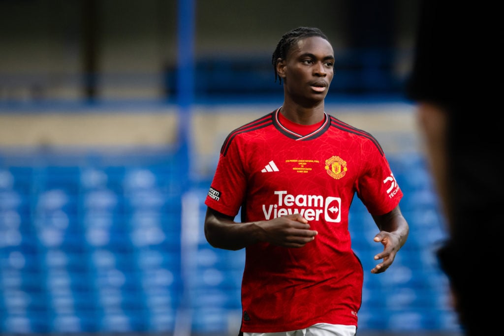 Habeeb Ogunneye of Manchester United U18 in action during the U18 Premier League Final match between Chelsea U18 and Manchester United U18 at Stamf...