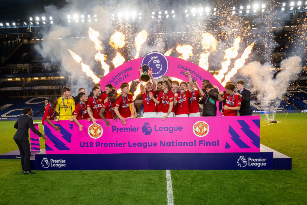 Manchester United U18 celebrate winning the U18 Premier League at Stamford Bridge on May 14, 2024 in London, England.