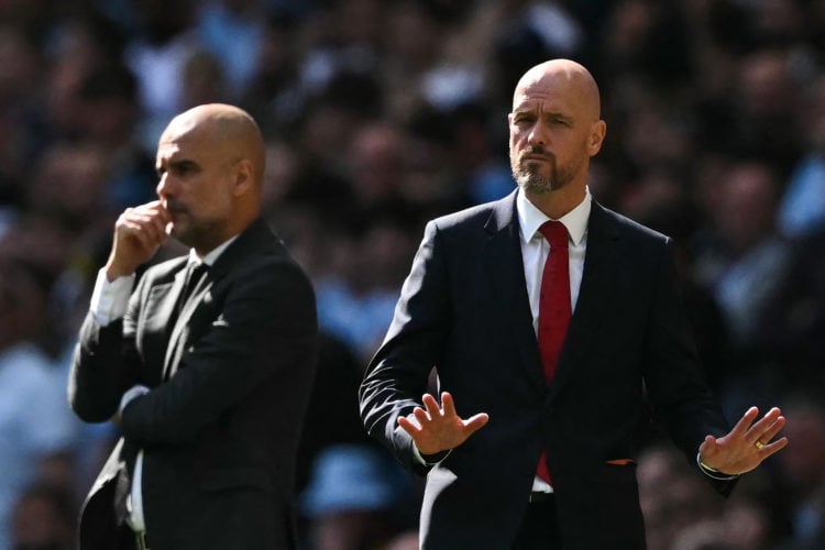 Manchester United's Dutch manager Erik ten Hag (R) reacts next to Manchester City's Spanish manager Pep Guardiola during the English FA Cup final f...