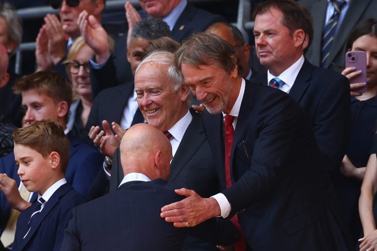 Manchester United's Manager Erik ten Hag is congratulated by Manchester United co owner Sir Jim Ratcliffe after winning the Emirates FA Cup Final m...