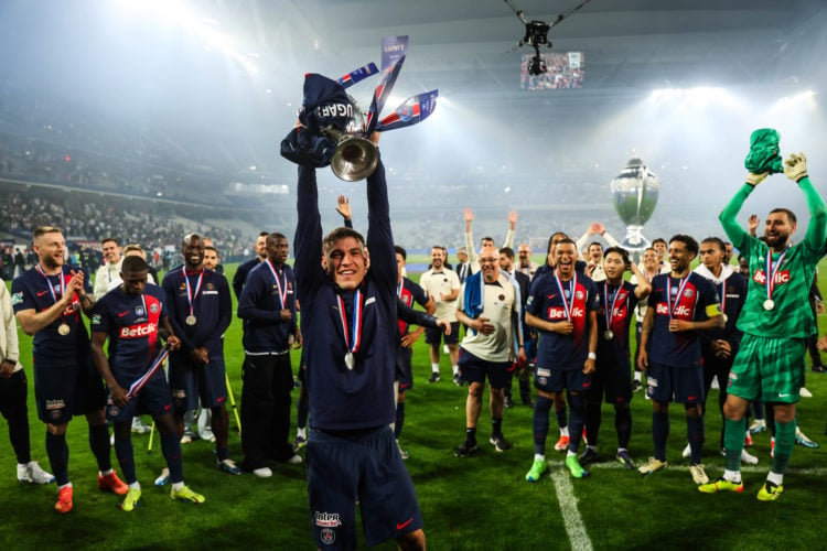 Ugarte Ribeiro Manuel of Paris Saint-Germain (PSG) is celebrating with the trophy after winning the French Cup Final football match between Paris S...