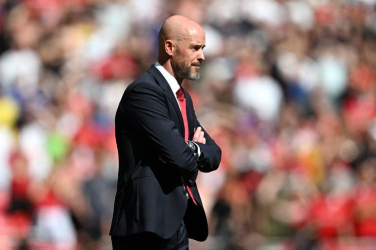 Erik ten Hag, Manager of Manchester United, looks on during the Emirates FA Cup Final match between Manchester City and Manchester United at Wemble...