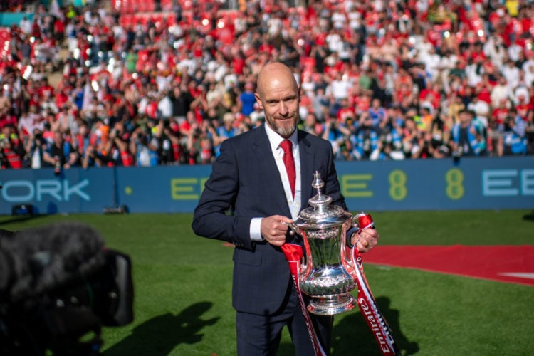 Manager Erik ten Hag of Manchester United celebrates with the Emirates FA Cup trophy after winning the Emirates FA Cup Final match between Manchest...