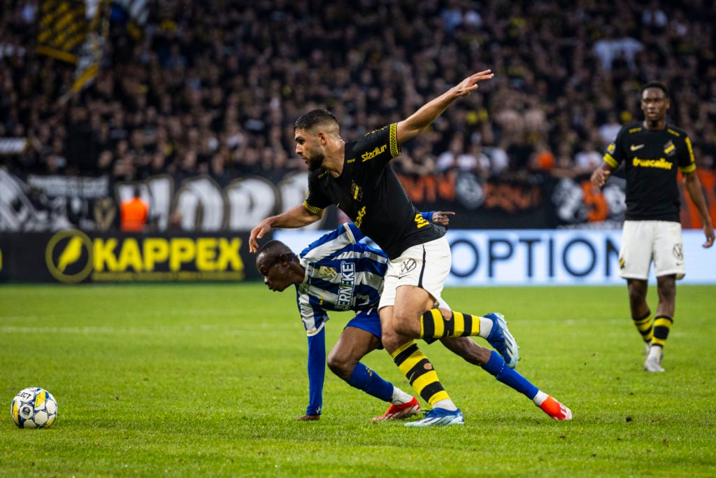 AIKs Omar Faraj battles with IFK Goteborg's Malick Junior Yalcouye during an Allsvenskan match between AIK and IFK Goteborg at Friends Arena on May...