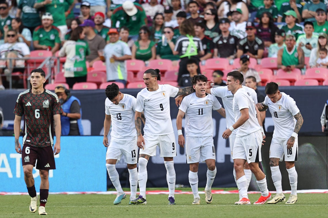 Facundo Pellistri #11 of Uruguay celebrates after scoring the second goal of his team during an international friendly match against Mexico at Empo...