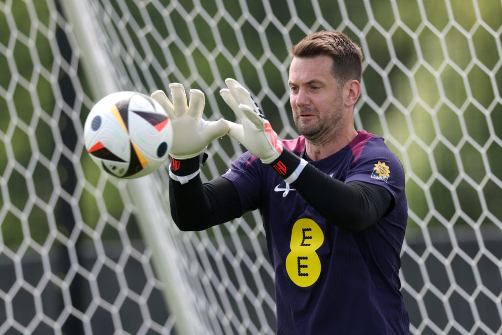 Tom Heaton of England  makes a save during a training session at Spa & Golf Resort Weimarer Land on June 23, 2024 in Blankenhain, Germany.