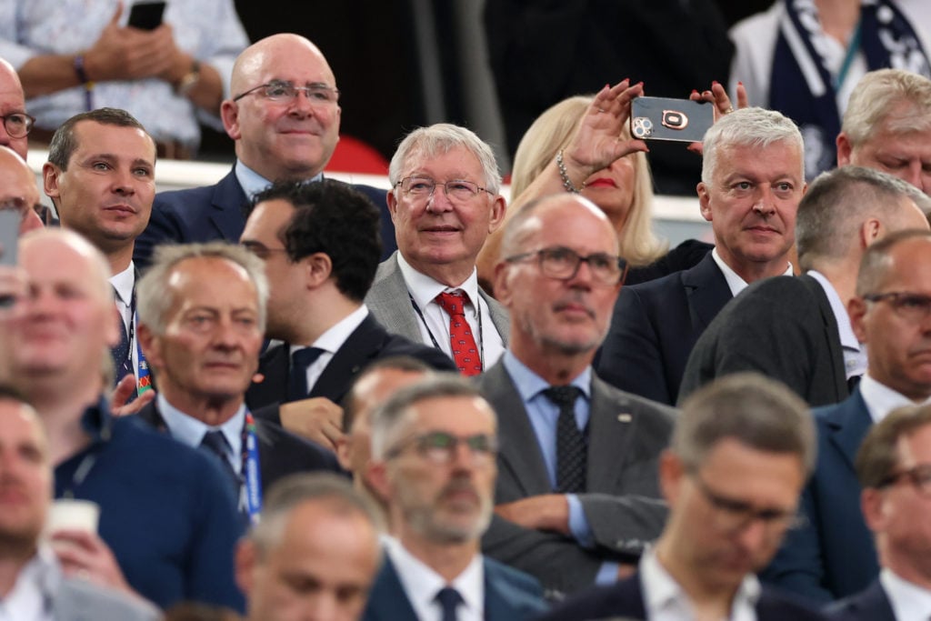 Sir Alex Ferguson looks on as he attends the UEFA EURO 2024 group stage match between Scotland and Hungary at the Stuttgart Arena.