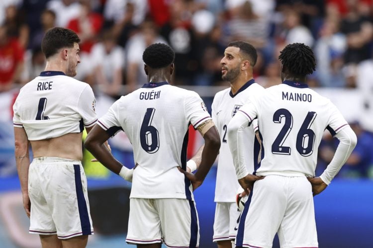 GELSENKIRCHEN - (l-r) Declan Rice of England, Marc Guehi of England, Kyle Walker of England, Kobbie Mainoo of England during the UEFA EURO 2024 las...